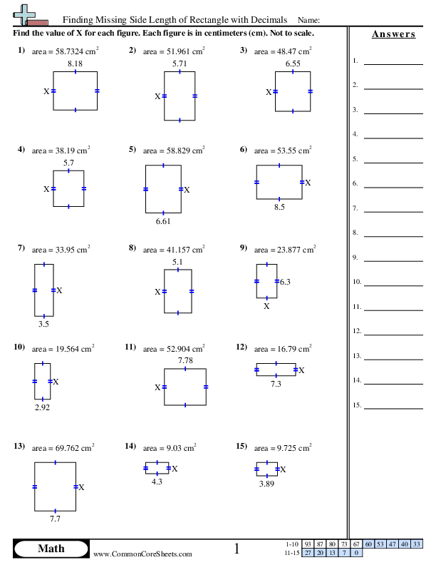 Finding Missing Side Length of Rectangle with Decimals worksheet